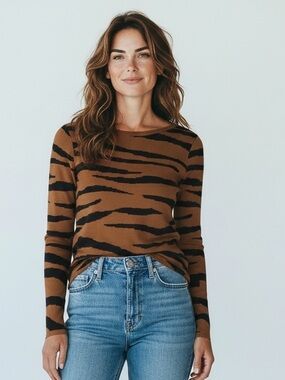 Chicos Women’s Size M Long Sleeve Tiger Stripe Thick Heavy Knit Pullover Sweater